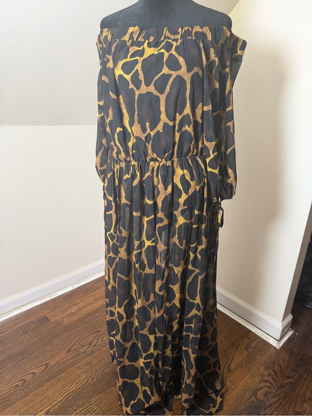 Fashion to Figure Off-Shoulder Giraffe Print Maxi Dress in Black and Brown